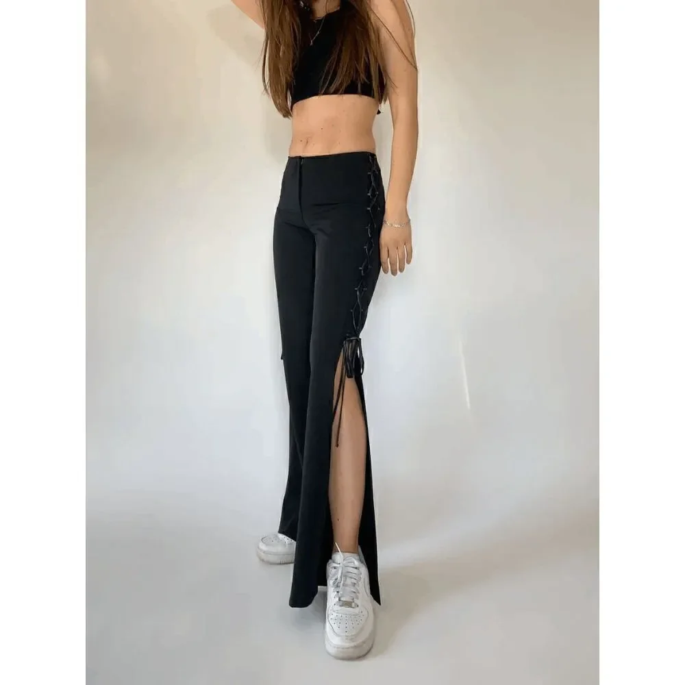 Retro Black Lace Up Side Tie Slit Pants, Small - Picture 8 of 8